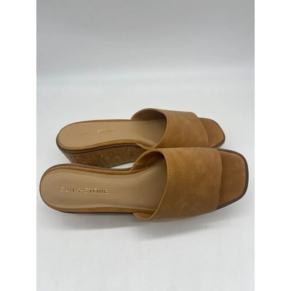 Sun + Stone Charlotte Women Tan Open-Toe Slip-On Wedge Shoe Size 8.5